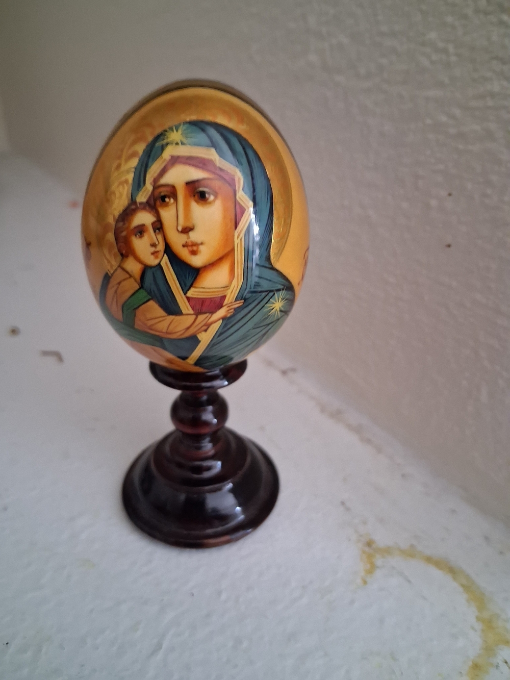 Orthodox Virgin Mary Egg Icon on Wooden Stand | Russian Religious Art